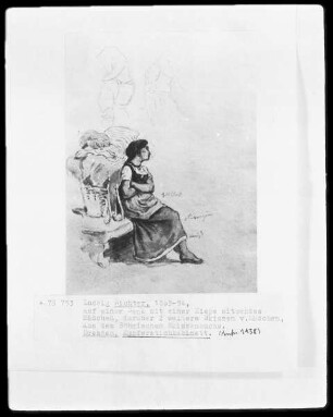 Auf einer Bank mit einer Kiepe sitzendes Mädchen, darüber zwei weitere Skizzen (Aus dem Böhmischen Skizzenbuch)
