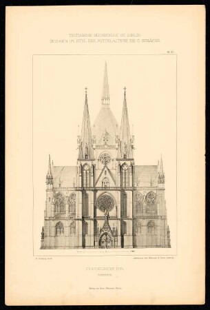 Evangelischer Dom: Westseite (aus: C. Schäfer, Die Bauhütte, Entwürfe im Stile des Mittelalters, 1. Bd., 1883, Tafel 20)