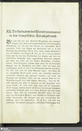 XII. Die Aufnahme des Wortes renaissance in den französischen Sprachgebrauch