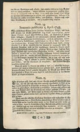 Num. 14. Sententia publicata 5. April. 1748. - Num. 15