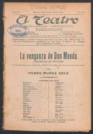 1922006900: La venganza de Don Mendo : caricatura de tragedia en cuatro jornadas