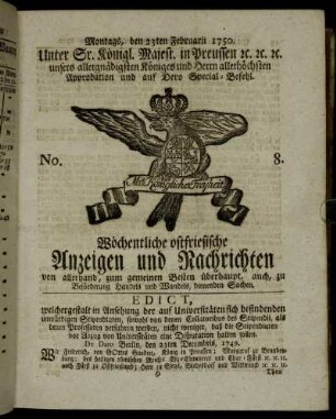 No. 8. Montags, den 23ten Februarii 1750.