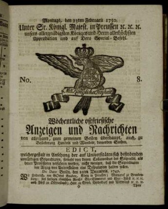 No. 8. Montags, den 23ten Februarii 1750.