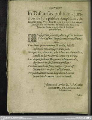 In Discursus politico-juridicos de Jure publico Amplissimi, & consultissimi Viri, Dn. Dominici Arumaei Jurisconsulti celeberrimi, Antecessoris in Academia Jenensi, Curiae provincialis, & Scabinatus Assessoris