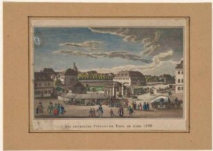 Das Pirnaische Tor mit den umliegenden Bauten im Zustand von 1799 aus der ***apotheke am Pirnaischen Platz nach Nordwesten, aus den Abbildungen zur Chronik Dresdens von 1835