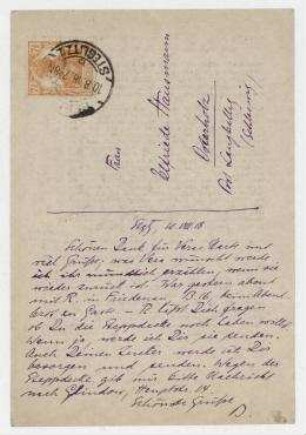 Briefkarte, sog. Solus-Karte von Johannes Baader an Elfriede Hausmann. Berlin