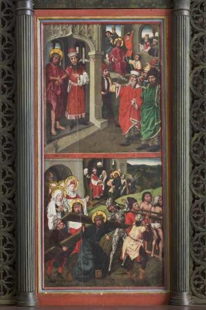 Südlicher Seitenaltar mit gotisierender Rahmung — Szenen der Passion Christi: Die Dornenkrönung und Pilatus zeigt Christus dem Volk