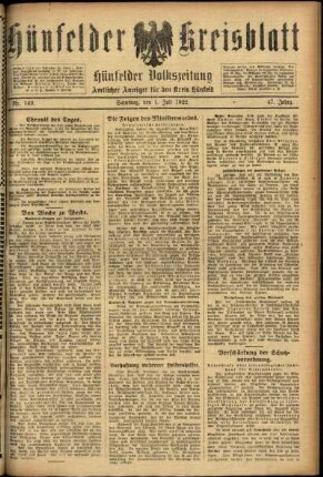 Ausgabe vom Samstag, den 01. Juli 1922.
