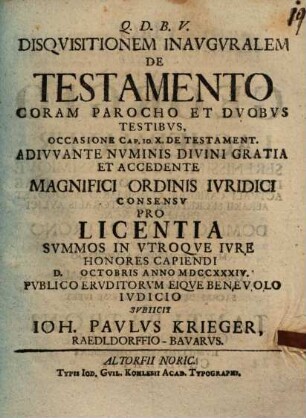 Disqvisitionem inavgvralem de testamento coram parocho et dvobvs testibvs