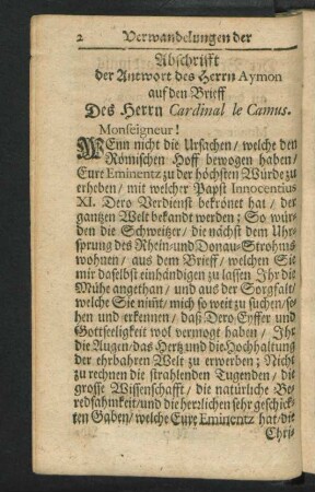Abschrifft der Antwort des Herrn Aymon auf den Brieff Des Herrn Cardinal le Camus