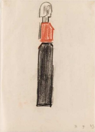Stehende Figur mit roter Bluse und schwarzem Rock