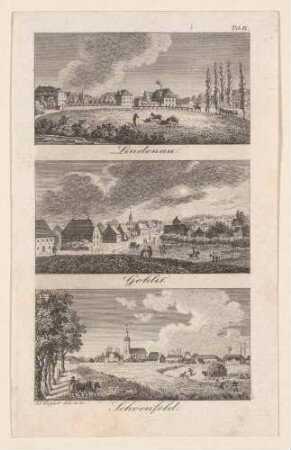 Drei Ansichten von der Umgebung Leipzigs: Die späteren Ortsteile Lindenau, Gohlis und Schönfeld, Tafel IX aus Gretschels Leipzig und seine Umgebungen