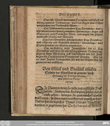 Von Glück vnd Vnglück etlicher Stände der Menschen in gemein/ nach Ordnung der Retrogradation, oder debilitat Planetarum.
