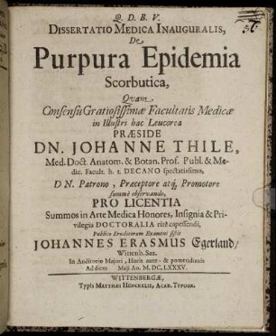 Dissertatio Medica Inauguralis, De Purpura Epidemia Scorbutica
