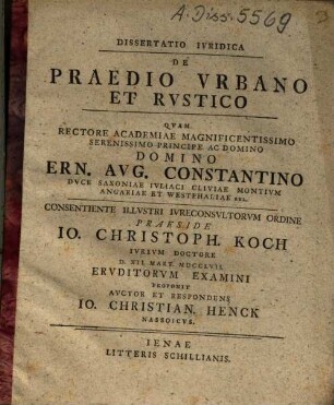 Dissertatio Ivridica De Praedio Vrbano Et Rvstico