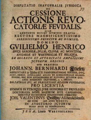 Disputatio Inavgvralis Jvridica De Cessione Actionis Revocatoriæ Fevdalis
