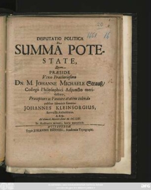 Disputatio Politica De Summa Potestate