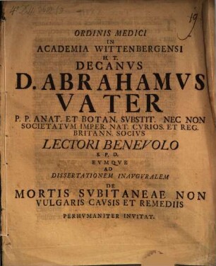 Progr. quo ad diss. inaug. de mortis subitaneae non vulgaris causis et remediis invitat