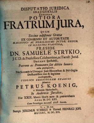 Disputatio Iuridica Inauguralis Exhibens Potiora Fratrum Iura