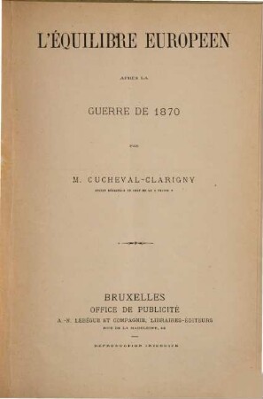 L'équilibre europeen après la guerre de 1870