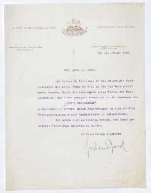 Brief von Julius S... Bard von Julius-Bard-Verlag für Literatur und Kunst  an Gerhart Hauptmann