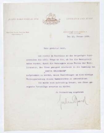Brief von Julius S... Bard von Julius-Bard-Verlag für Literatur und Kunst <Berlin> an Gerhart Hauptmann