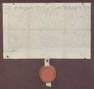 Kurfürst Karl Theodor von der Pfalz belehnt den Johann Anton Frank für sich und seine Geschwister mit dem erblehnbaren Weingarten in Dossenheimer Gemarkung.