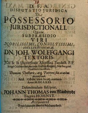 Disputatio Iuridica De Possessorio Iurisdictionali