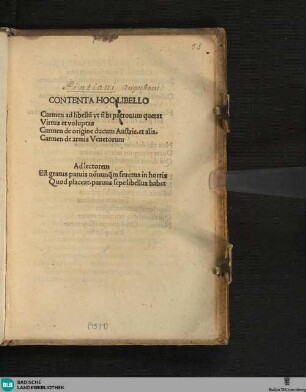 Contenta Hoc Libello Carmen ad libellu[m] vt sibi patronum querat Virtus et Voluptas