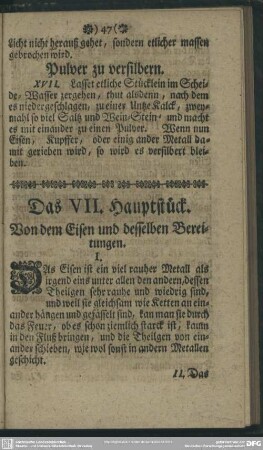 Das VII. Hauptstück. Von dem Eisen und desselben Bereitungen