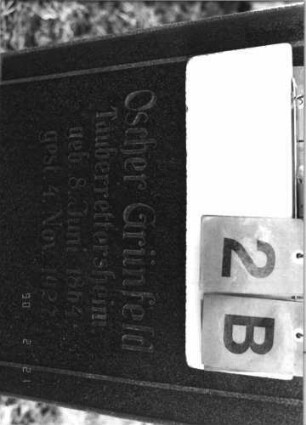 Grabstein 2 (Index: 100116070) Material: Granit, poliert Zustand: gut Maße HxBxT: 136x49x16 cm Beschreibung: aufgesockelte Stele mit eingezogenem, giebelartigem Abschluß Symbolik: Cohanim-Hände, Schofar Besonderheit: kulturhistorisch wertvoll / hist.-wiss. Gründe (Gemeindestellung): Grabstein 2B