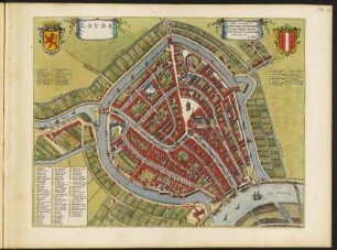 Stadtplan von Guda in den Niederlande, 1 : 3 300, kolorierter Kupferstich, 1649 : Govda : [Stadtpl.] [gewidmet:] D. D. Praetori, Consulibus, Scabinis, Totique Senatui, Reipublicæ Goudanæ / Tabulam hanc D. D. Ioh. Blaeu/ [Amsterdam] : [Joan Blaeu], [1649]. - 1 Plan : Kupferst. ; 48,7 x 37,5 cm - Titelkartusche oben links. - Mit 2 Wappen - Mit Gebäudeverz. - Mit Straßenverz.