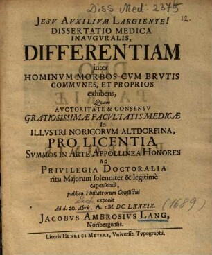 Dissertatio Medica Inavgvralis, Differentiam inter Hominvm Morbos Cvm Brvtis Commvnes, Et Proprios exhibens