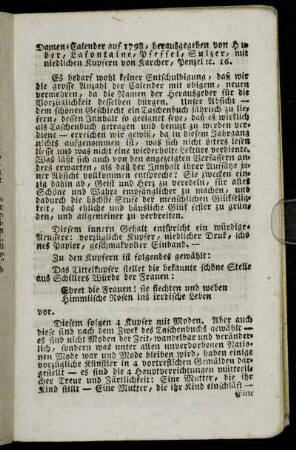 Damen-Calender auf 1798,[...] - Bei Verlegern diß sind ferner seit kurzem erschienen:[...]