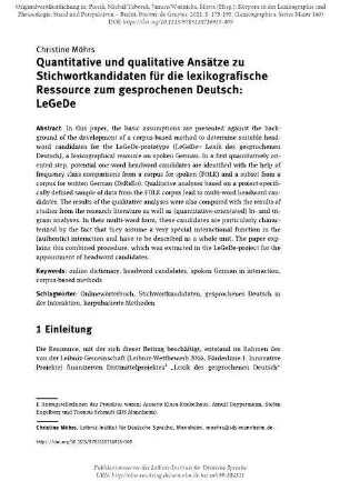 Quantitative und qualitative Ansätze zu Stichwortkandidaten für die lexikografische Ressource zum gesprochenen Deutsch: LeGeDe
