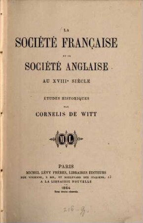 La société française et la société anglaise au XVIIIe siècle, études historiques