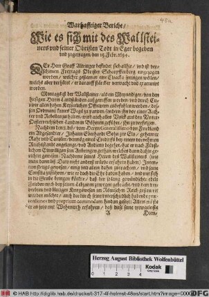 Warhafftiger Bericht/ Wie es sich mit des Wallsteiners und seiner Obristen Todt in Eger begeben und zugetragen/ den 15. Febr. 1634.