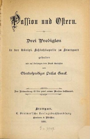 Passion und Ostern : drei Predigten in der Königl. Schloßkapelle zu Stuttgart