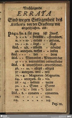 Nachfolgende Errata Sind wegen Entlegenheit des Authoris von der Druckerey, mit eingeschlichen