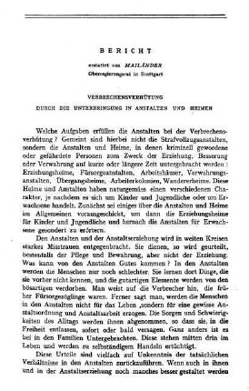 197-208, Bericht: Verbrechensverhütung durch die Unterbringung in Anstalten und Heimen