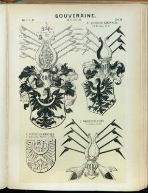 Taf. 13. Schlesien. - 1. Silesia n.d. Sches. W.-B. 1577. - 2. Oberschlesien. n.d. Schles. w.-B. - 3. Herzogtum Krossen. n.d. Schles. W.-B. - 4. Herzogtum um Krossen. n. brandenb. Münzen v.c.1680.
