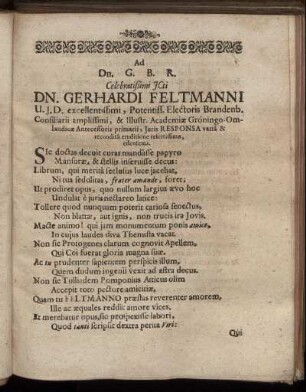 Ad Dn. G. B. R. Celebratißimi Jcti Dn. Gerhardi Feltmanni [...]
