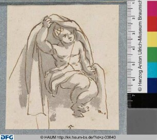 Sitzender Putto mit Draperie, nach rechts gewandt