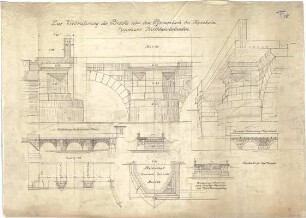 Thiersch, August ; Harxheim (Rheinland-Pfalz); Brücke, Verbreiterung - Grundriss, Ansicht, Teilansichten, Perspektive, Details