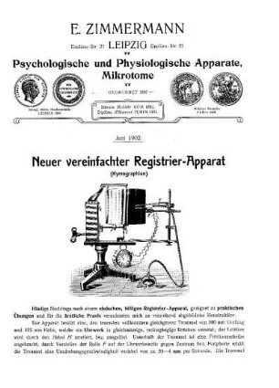 Juni 1902: Neuer vereinfachter Registrier-Apparat (Kymographion)