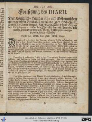 Fortsetzung des Diarii ... Vom 14. May bis 3ten Junii 1743.