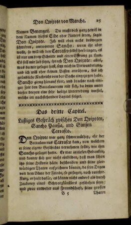 Das dritte Capitel. Lustiges Gespräch zwischen Don Qvixoten, Sancho Panßa, und Simson Carrasco.