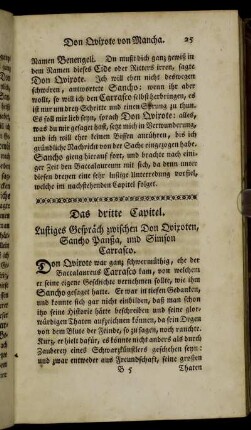 Das dritte Capitel. Lustiges Gespräch zwischen Don Qvixoten, Sancho Panßa, und Simson Carrasco.