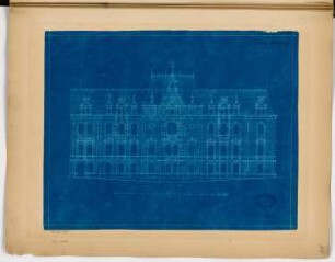 Wohnhausgruppe, Halle/Saale Monatskonkurrenz August 1882: Seitenverkehrt ! : ’aufgeklappter’ Aufriss Fassade IV; Maßstabsleiste