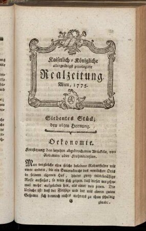 Siebentes Stück; den 16ten Hornung. Wien, 1775.